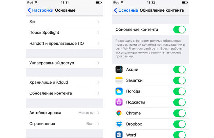 Обновление контента. Где найти в настройках обновление контента в фоновом режиме. Как на айфоне разрешить приложению работать в фоновом режиме. IPODS заглушается музыка в фоновом режиме. А 51 батарея ограничение в фоновом режиме.